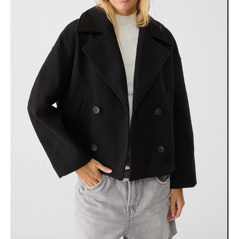 Wool Coat Peacoat - Женский короткий двубортный шерстяной пальто-пиджак оверсайз,